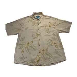 Paradise Blue Shirt Mens XL Beige‎ Silk Cotton Tropical Floral Button Down Aloha
